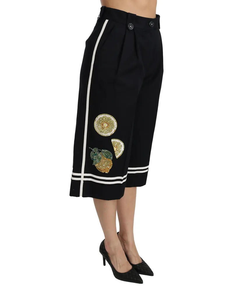 Dolce & Gabbana Women Black Lemon Embellished Palazzo Cropped Pants Cotton Elastane Black