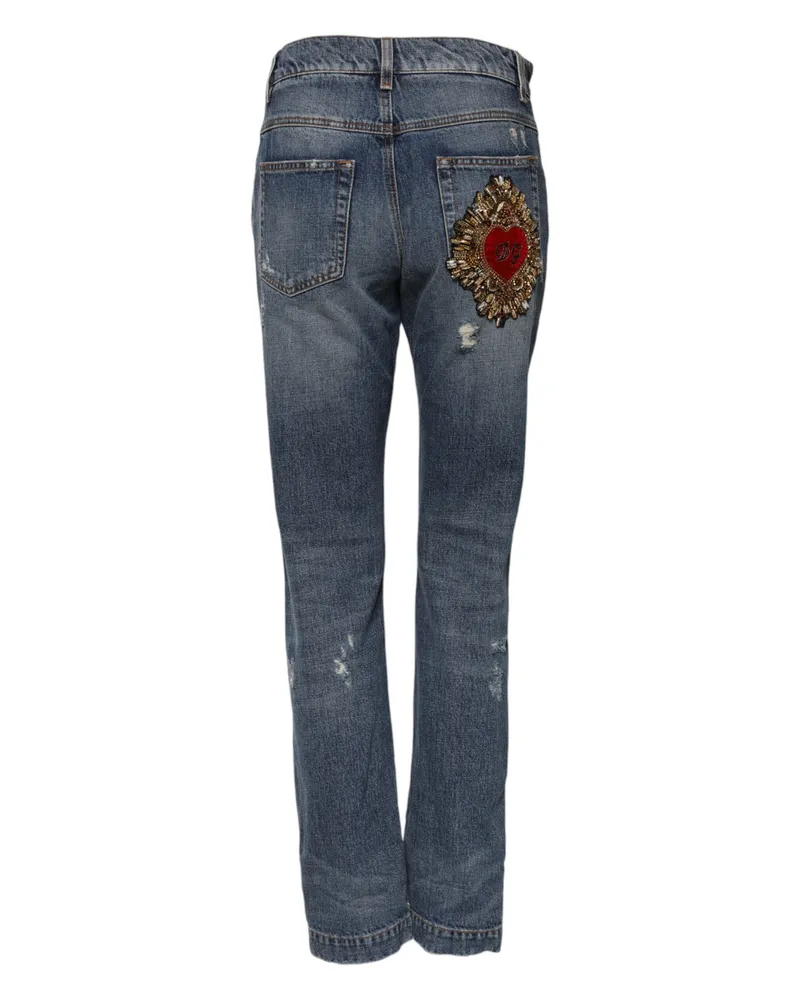 Dolce & Gabbana Women's Blue Cotton Tattered Mid Waist Denim Jeans Clothing Blue