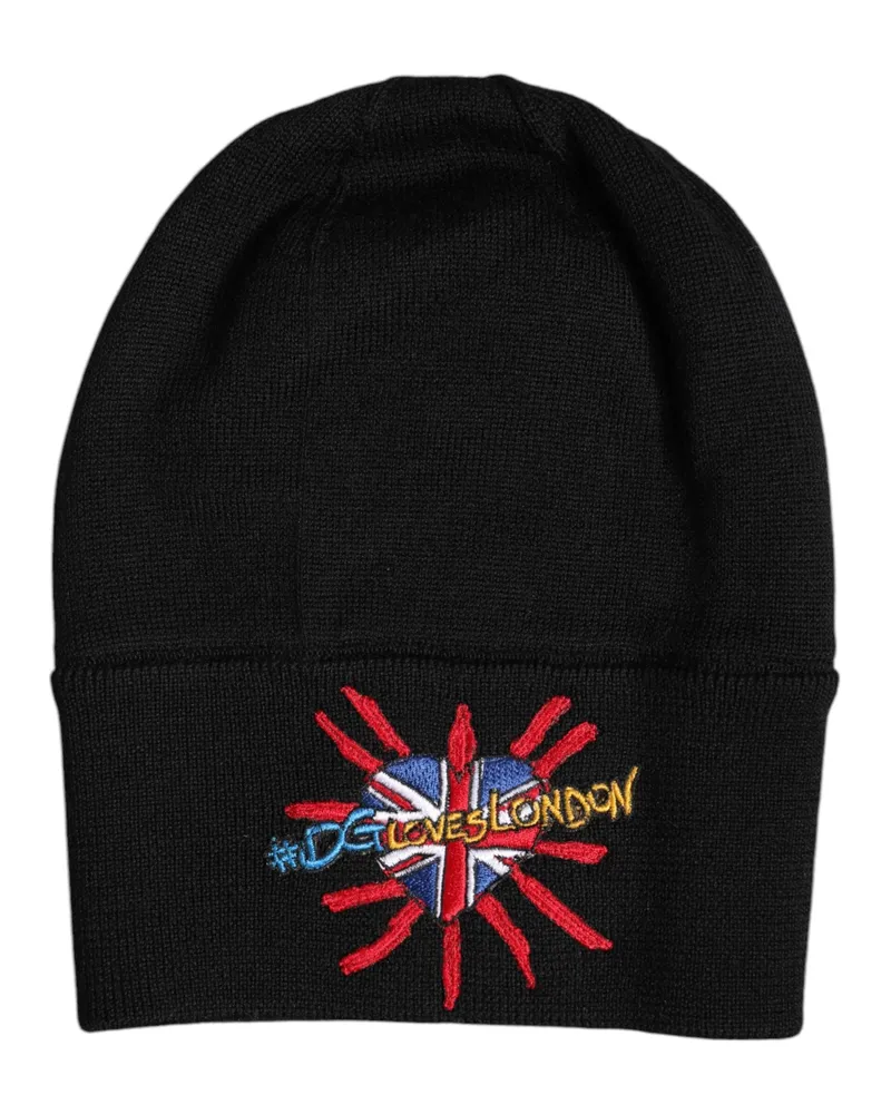 Dolce & Gabbana Men's Black #dgloveslondon Knitted Beanie Hat Virgin Wool Black