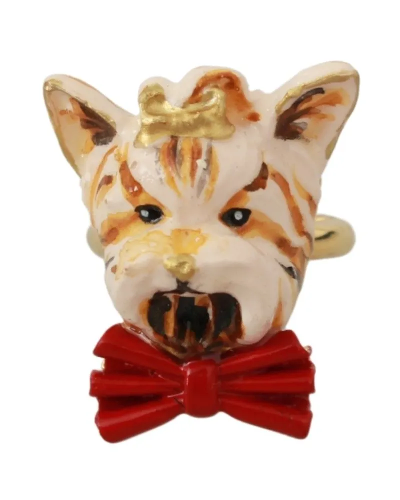 Dolce & Gabbana Women's Gold Brass Resin Beige Dog Pet Branded Accessory Ring Gold