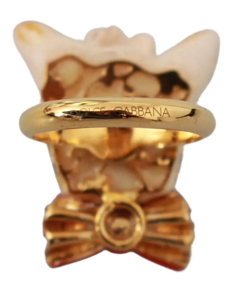 Dolce & Gabbana Women's Gold Brass Resin Beige Dog Pet Branded Accessory Ring Gold