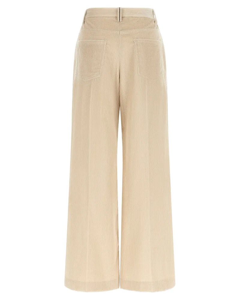 Brunello Cucinelli Ribbed Cotton Wide-Leg Trousers — Beige Beige
