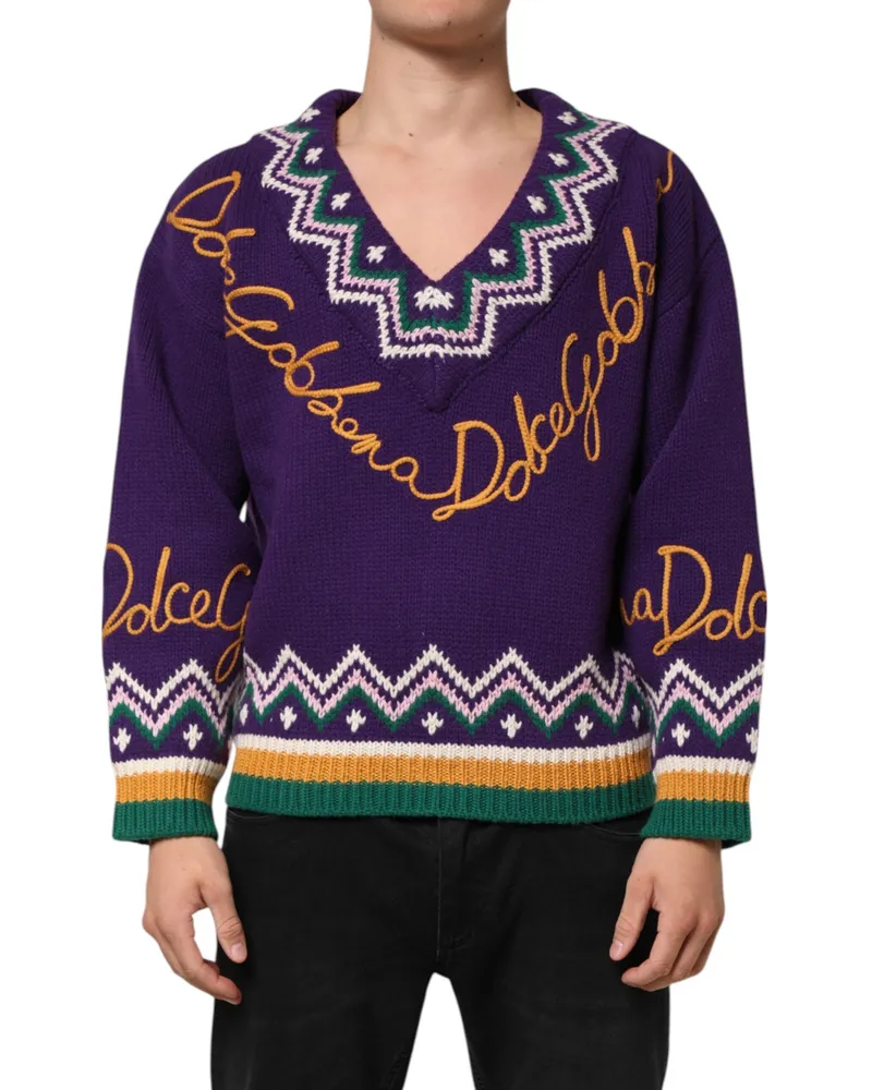 Dolce & Gabbana Purple Wool Dg Logo Men Knit Pullover Sweater Virgin Purple