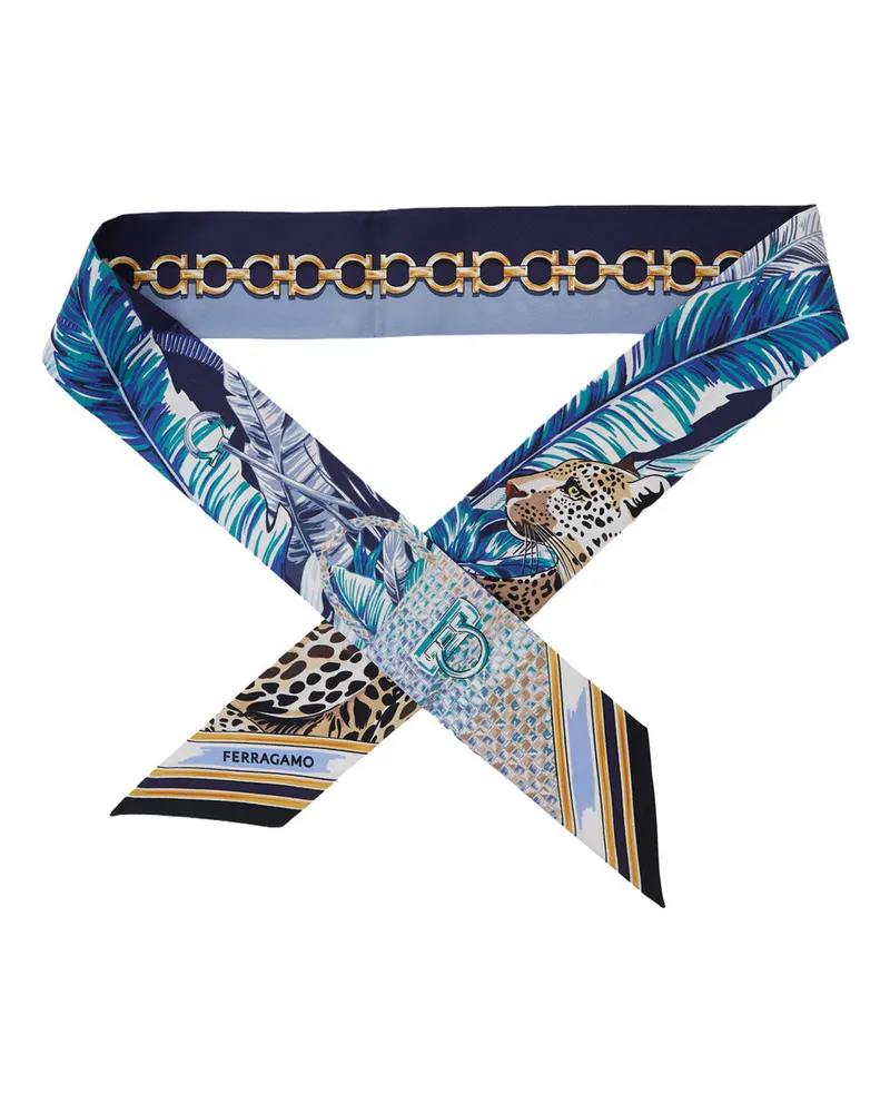 Ferragamo Leopard-Print Silk Scarf — Blue Blue