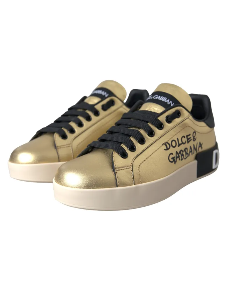 Dolce & Gabbana Gold Portofino Calf Leather Sneakers Women Shoes Black Gold