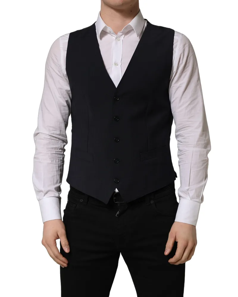 Dolce & Gabbana Men's Black Wool Single Breasted Waistcoat Vest Polyester Elastane Clothing Black