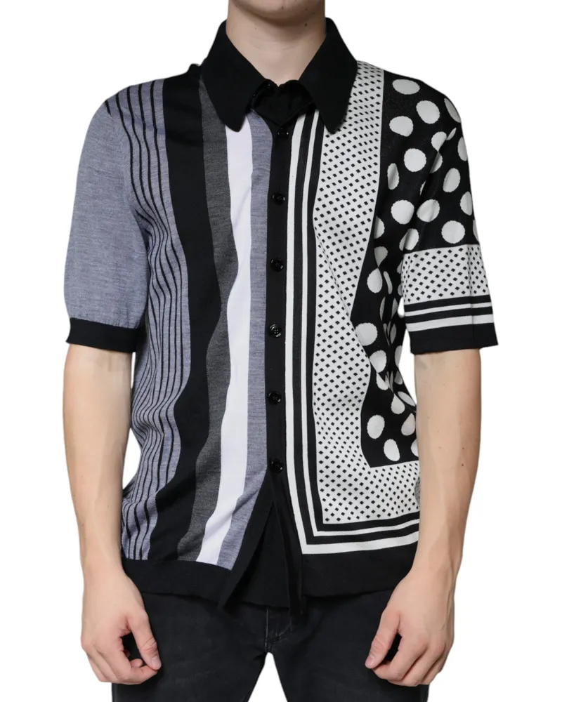 Dolce & Gabbana Men's Mixed-Print Silk-Cotton Blend Polo Shirt Black Virgin Black