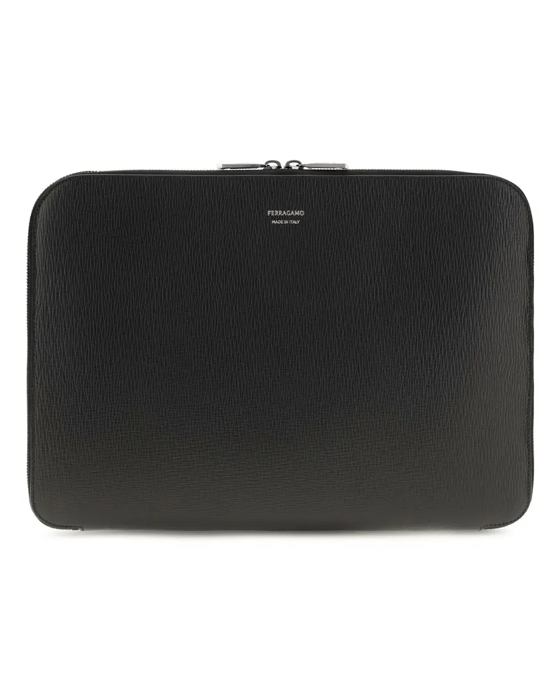 Ferragamo Men's Gancini Document Holder Black Calf Leather Bos Taurus Shoulder Bags Black