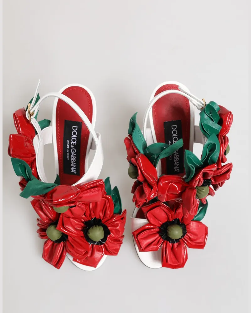 Dolce & Gabbana Women's White Red Floral Detailing Sandals Shoes And Calfskin Leather White