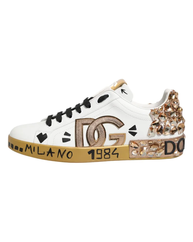 Dolce & Gabbana Men's White Gold Crystal Portofino Sneakers Shoes Calfskin Leather White