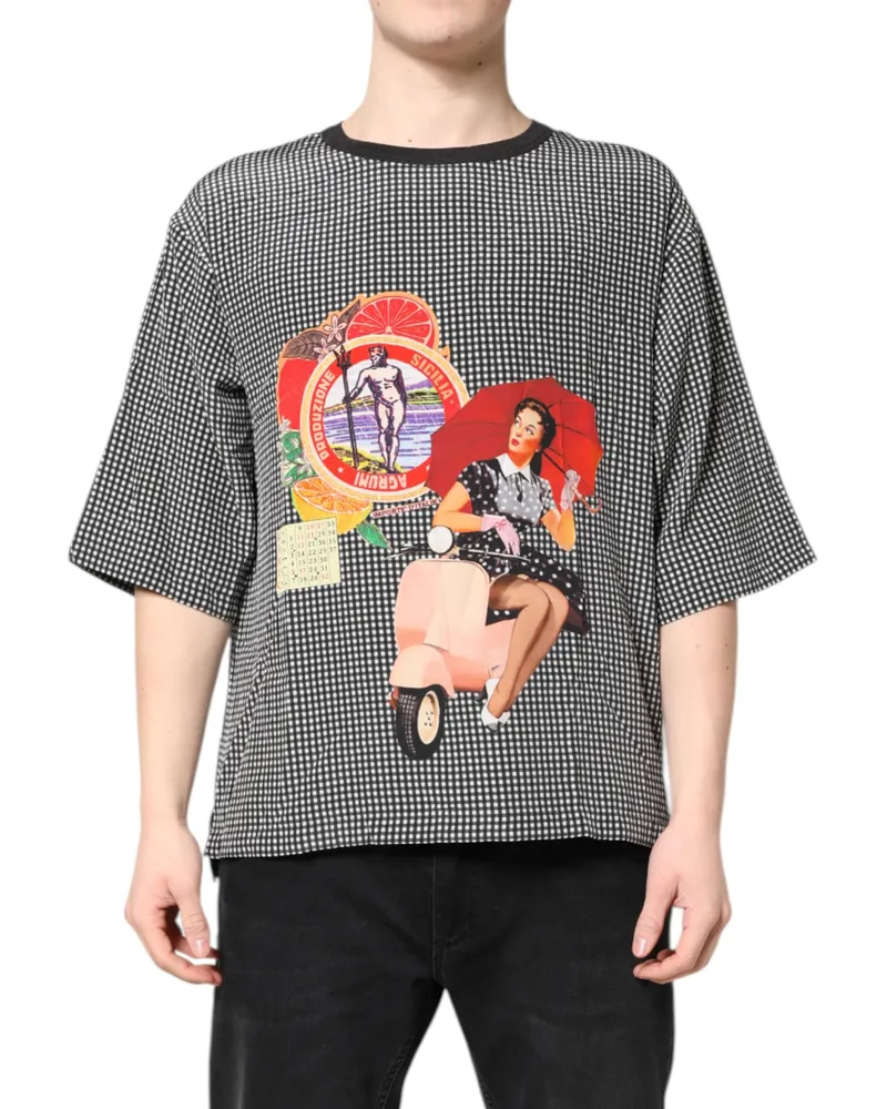 Dolce & Gabbana Men's Black Graphic Print Short Sleeve T-Shirt And White Silk Black