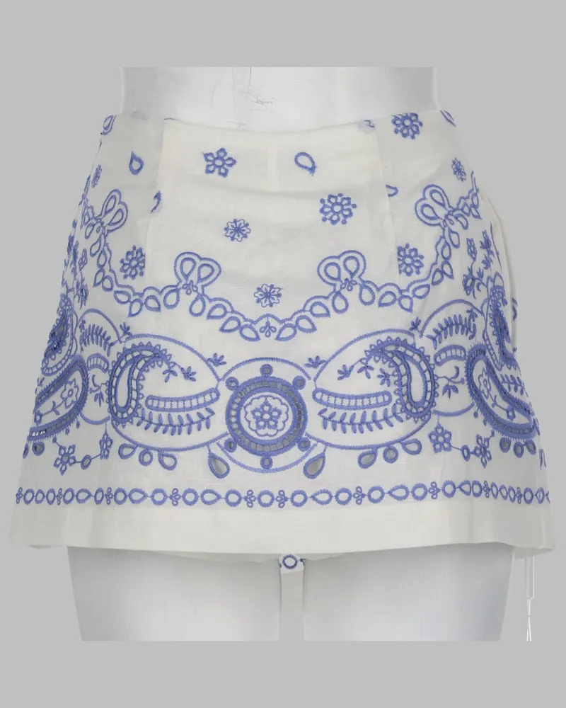 Self-Portrait Embroidered Linen-Cotton Skort — White 