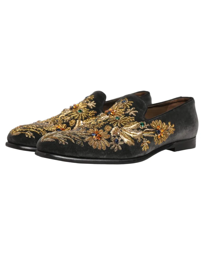 Dolce & Gabbana Men's Black Velvet Embellished Dress Loafers Shoes Leather Black