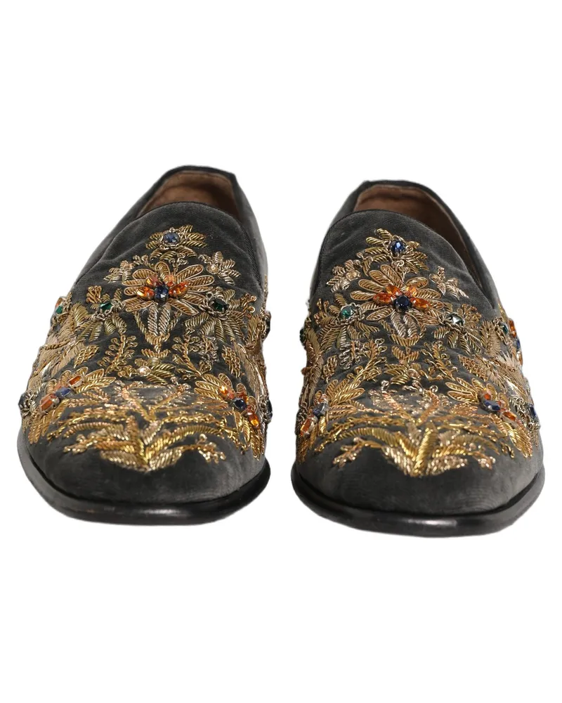 Dolce & Gabbana Men's Black Velvet Embellished Dress Loafers Shoes Leather Black