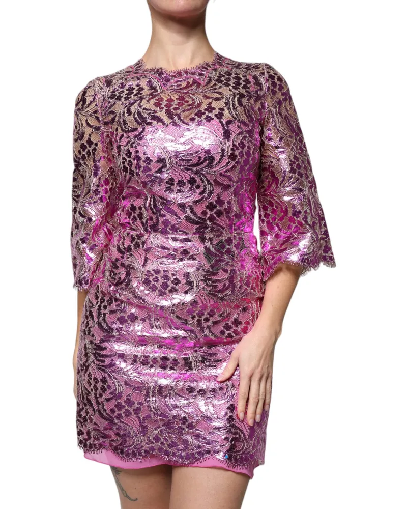 Dolce & Gabbana Women Metallic Fuchsia Floral Sheath Mini Dress Cotton Fuchsia