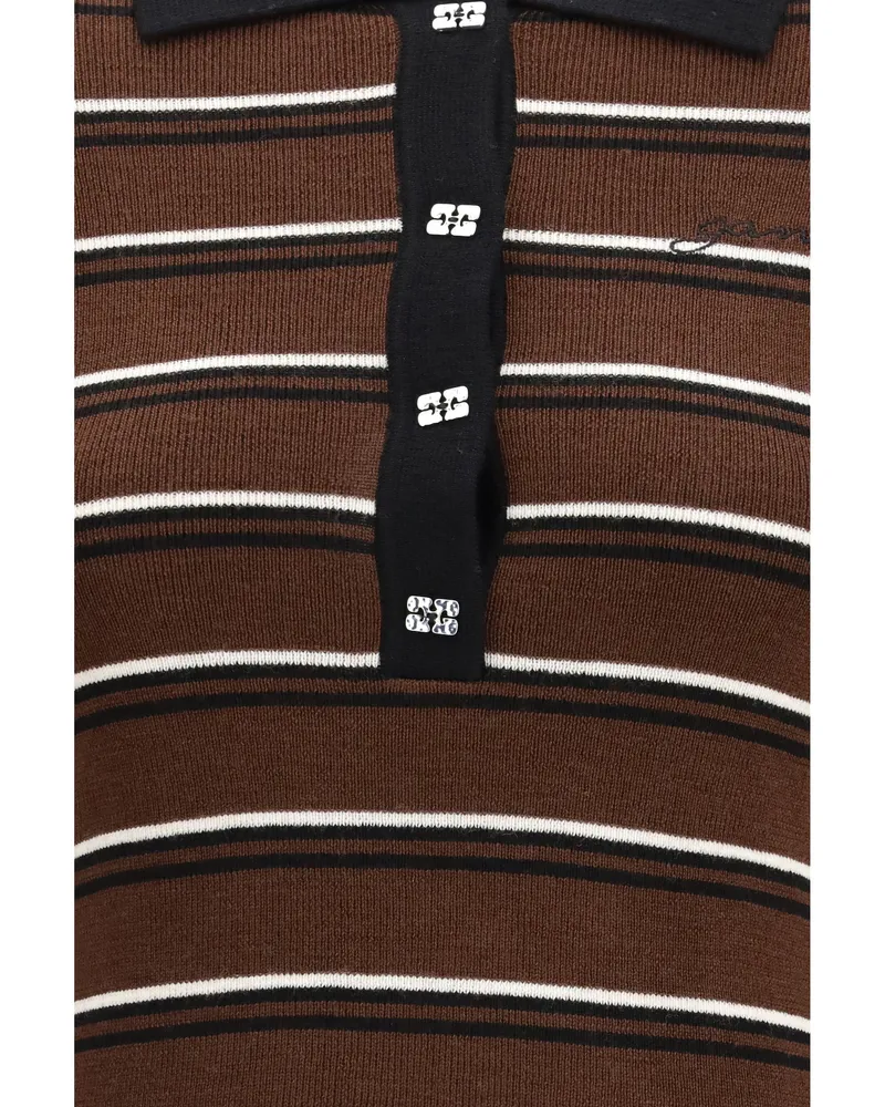 Ganni Women's Polo Shirt Striped Merino Multicolour Wool (ovis Aries) Tops Brown
