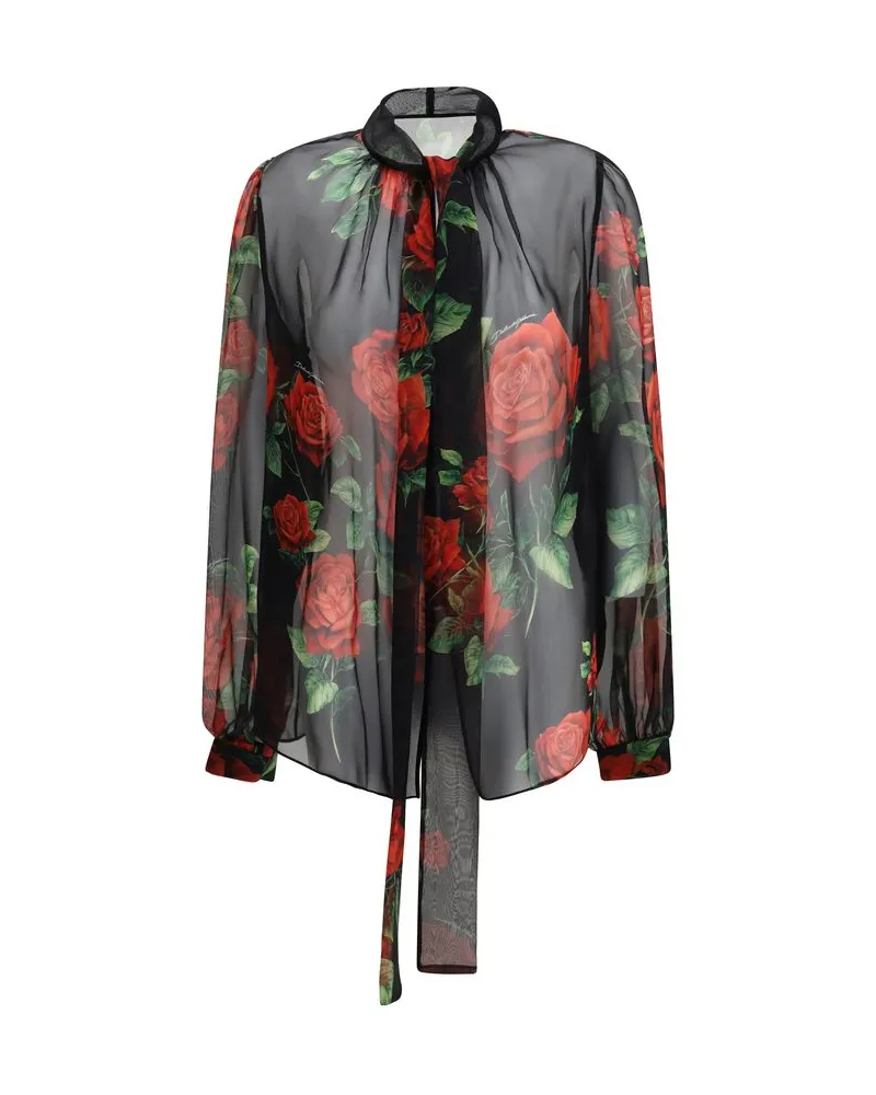 Dolce & Gabbana Rose-Print Silk Chiffon Blouse — Black Black