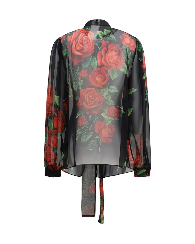 Dolce & Gabbana Rose-Print Silk Chiffon Blouse — Black Black