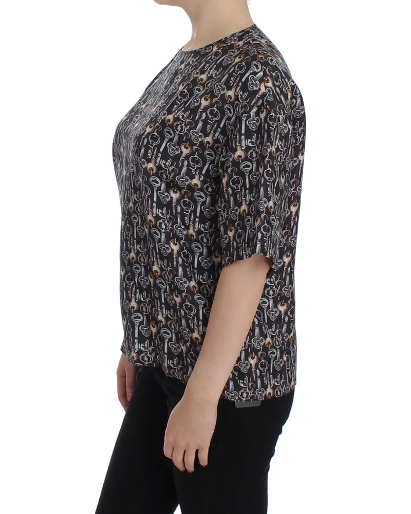 Dolce & Gabbana Women Gray Gold Key Print Silk Blouse T-Shirt Gray