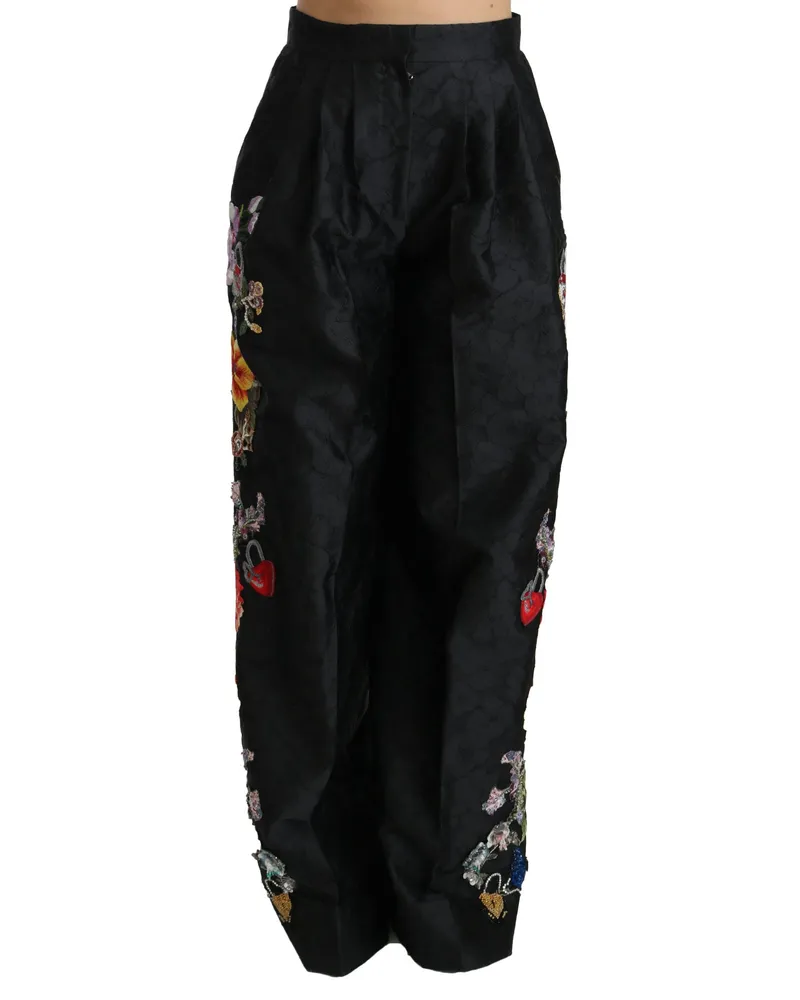 Dolce & Gabbana Women's Black Brocade Floral Sequined Beaded Pants Polyester Silk Nylon Black