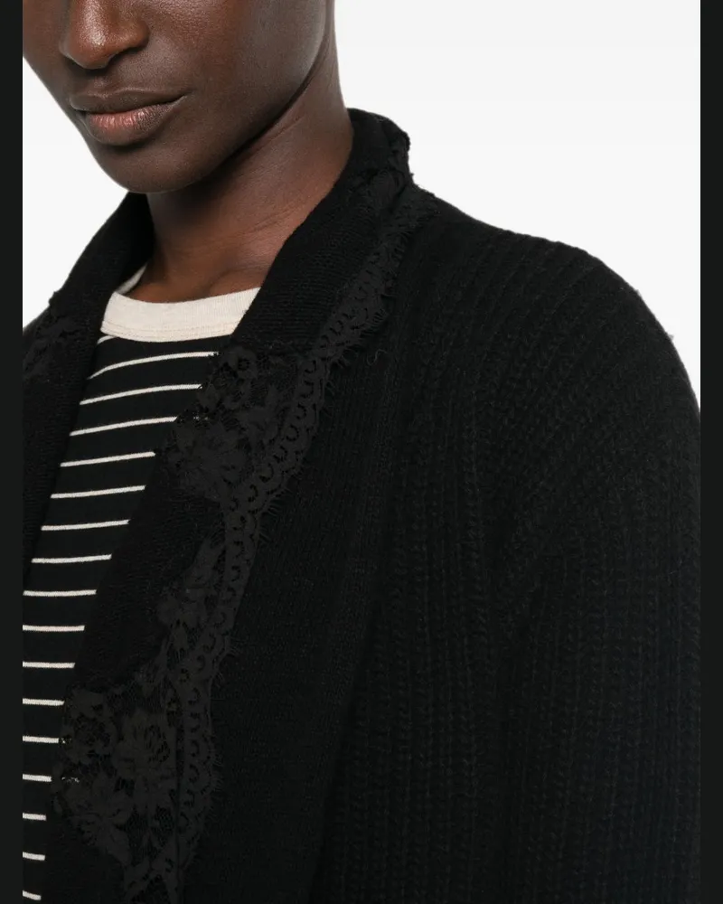 Ermanno Scervino Lace-Paneled Ribbed Cardigan — Black Black