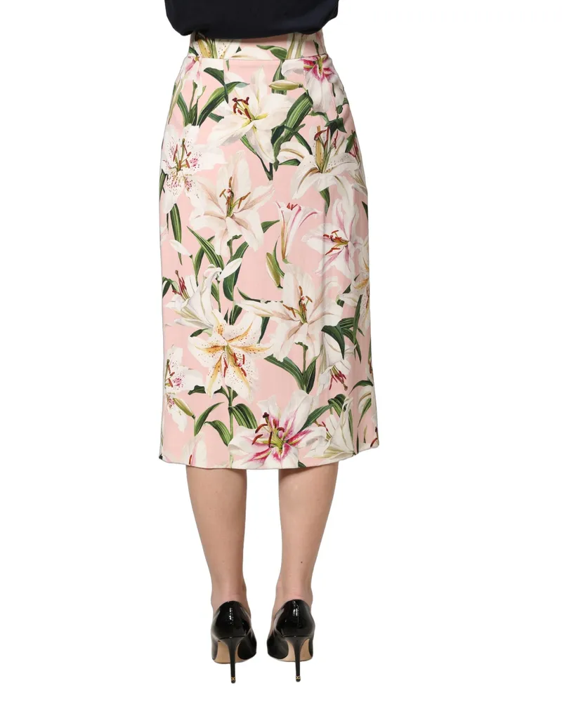 Dolce & Gabbana Women's Pink Lilium Print High Waist Pencil Skirt Silk Elastane Pink