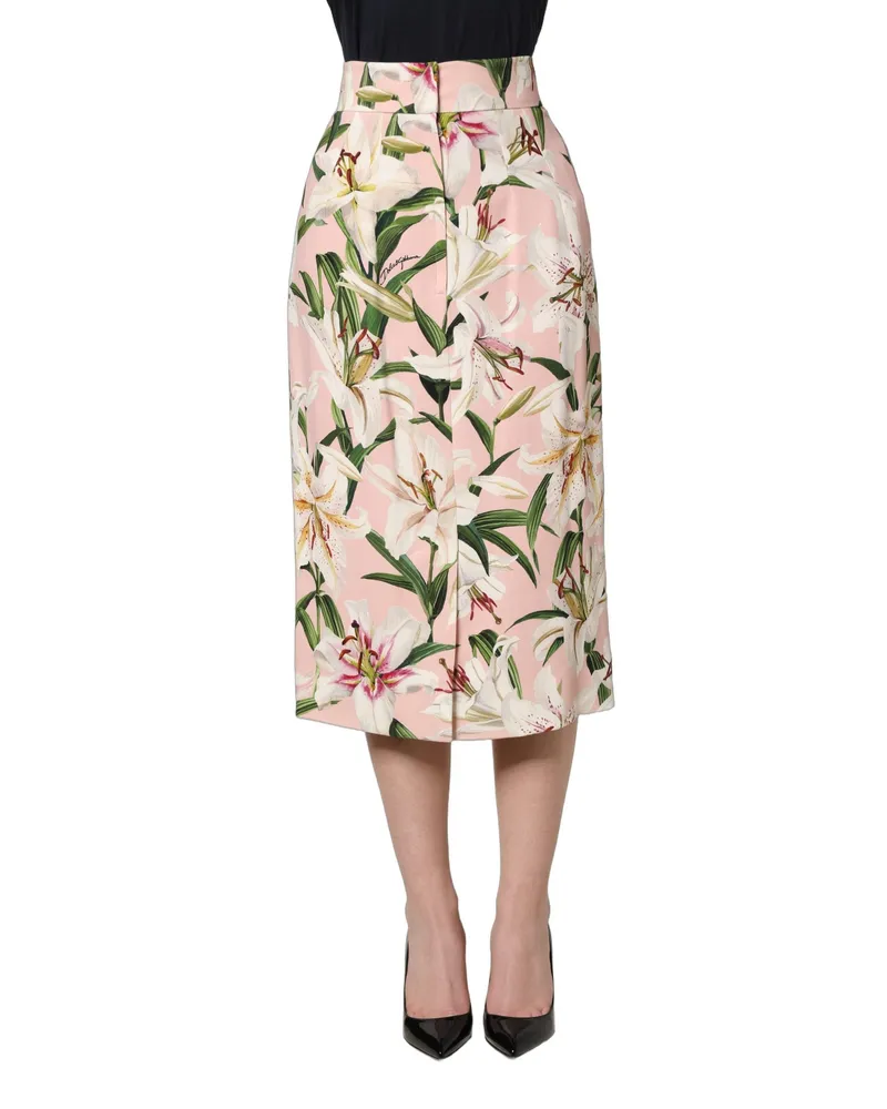 Dolce & Gabbana Women's Pink Lilium Print High Waist Pencil Skirt Silk Elastane Pink