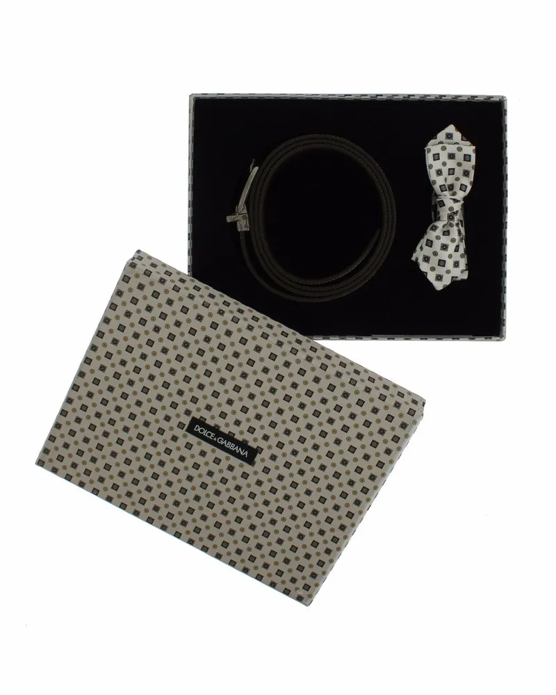 Dolce & Gabbana White Silk Bowtie Leather Men Belt Gift Box White