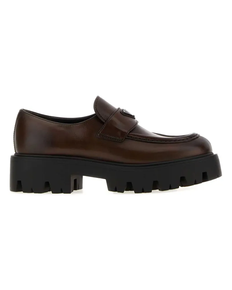 Prada Women's Dark Brown Leather Loafers Teak Mocassini Brown