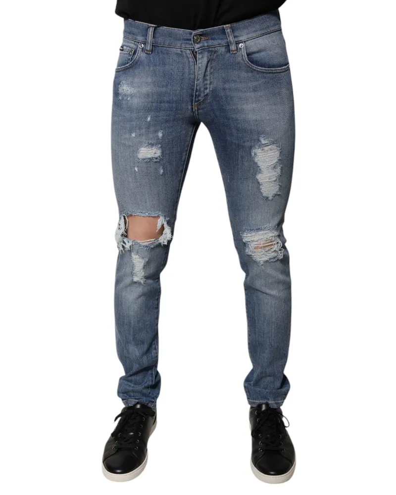 Dolce & Gabbana Men Blue Tattered Cotton Stretch Skinny Denim Jeans Clothing Blue