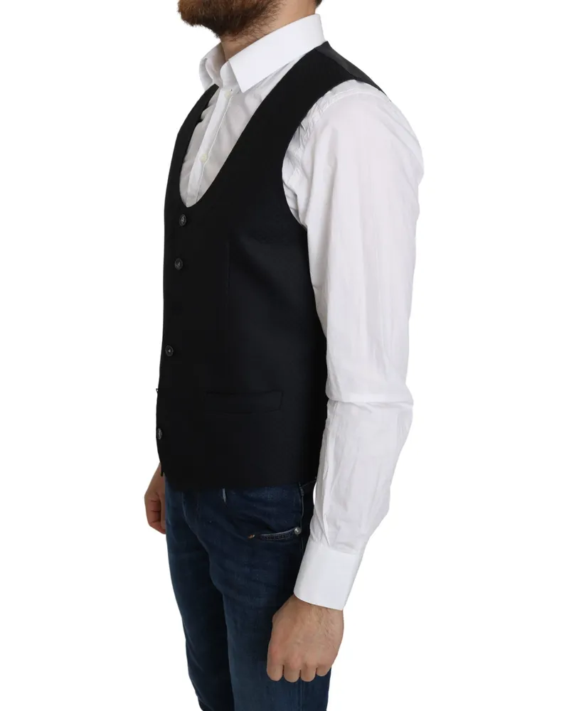 Dolce & Gabbana Men Blue Silk Romb Pattern Formal Coat Vest Cotton Clothing Black