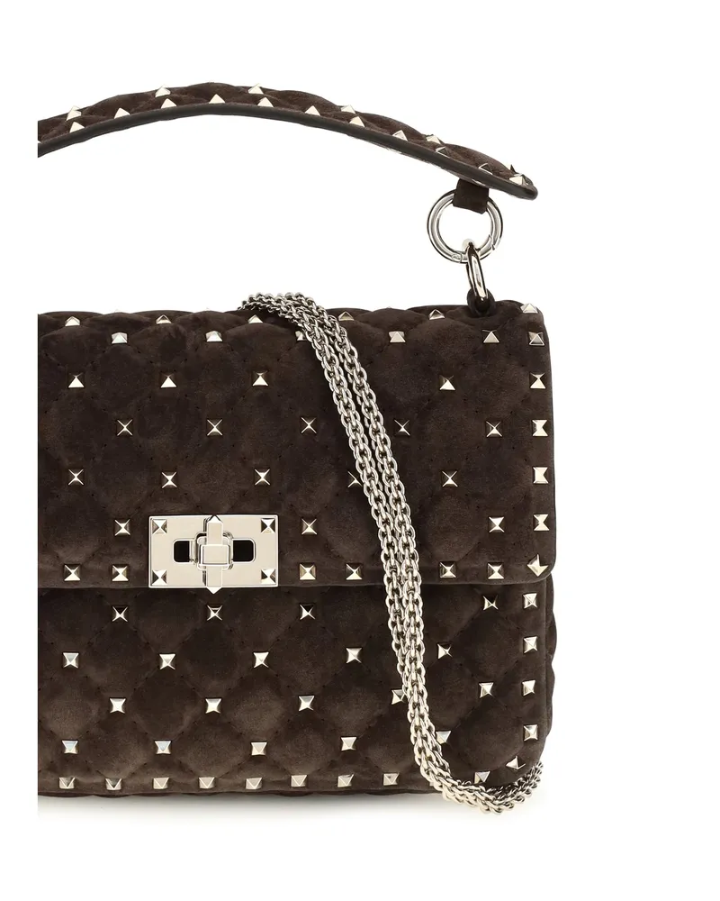 Valentino Garavani Women's Top Handle Bag Rockstud Spike Suede Ebony Brown Calf Leather Shoulder Brown