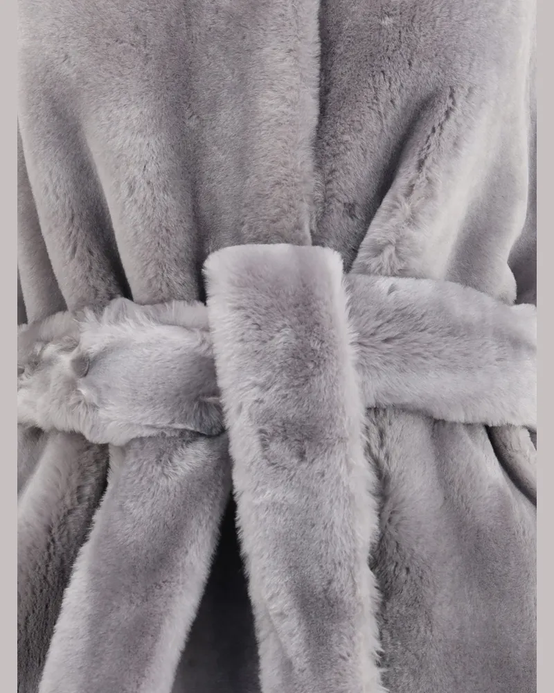 Totême Women's Shearling Belted Coat Grey Fur Jacket Gray