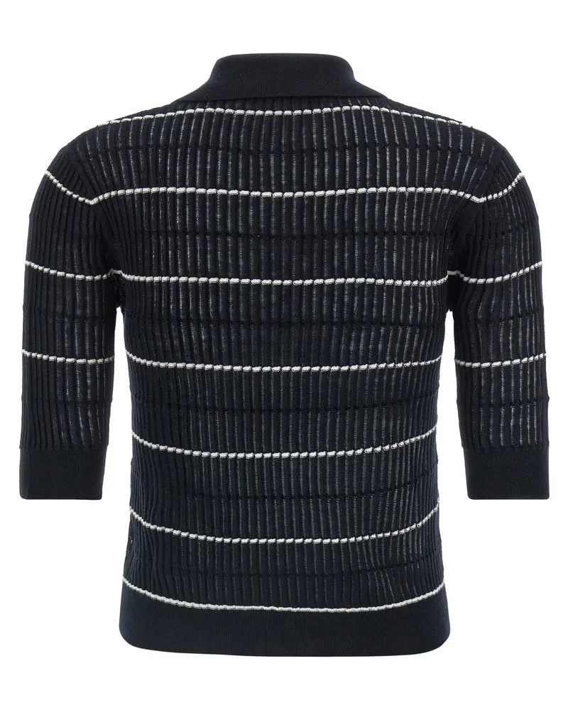 Max Mara Striped Wool-Silk Polo Shirt — Black Black