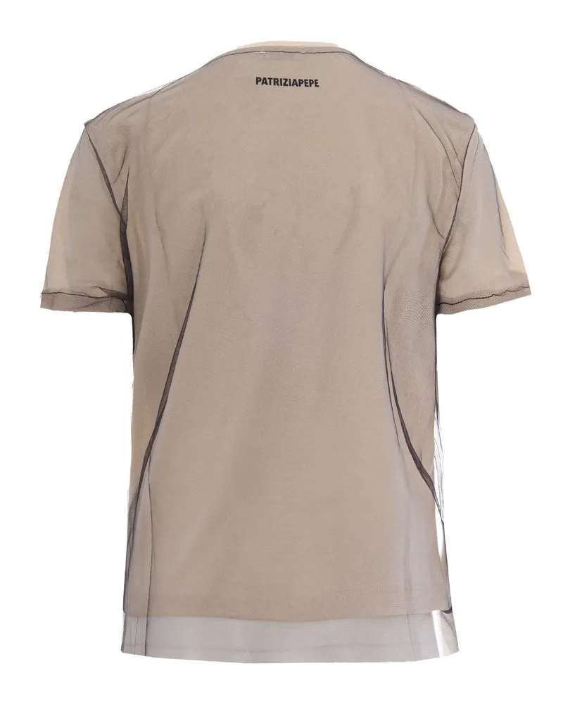 Patrizia Pepe Women's T-Shirt Double Layer Warm Ivory-Black T-Shirts & Jerseys Ivory/black Beige