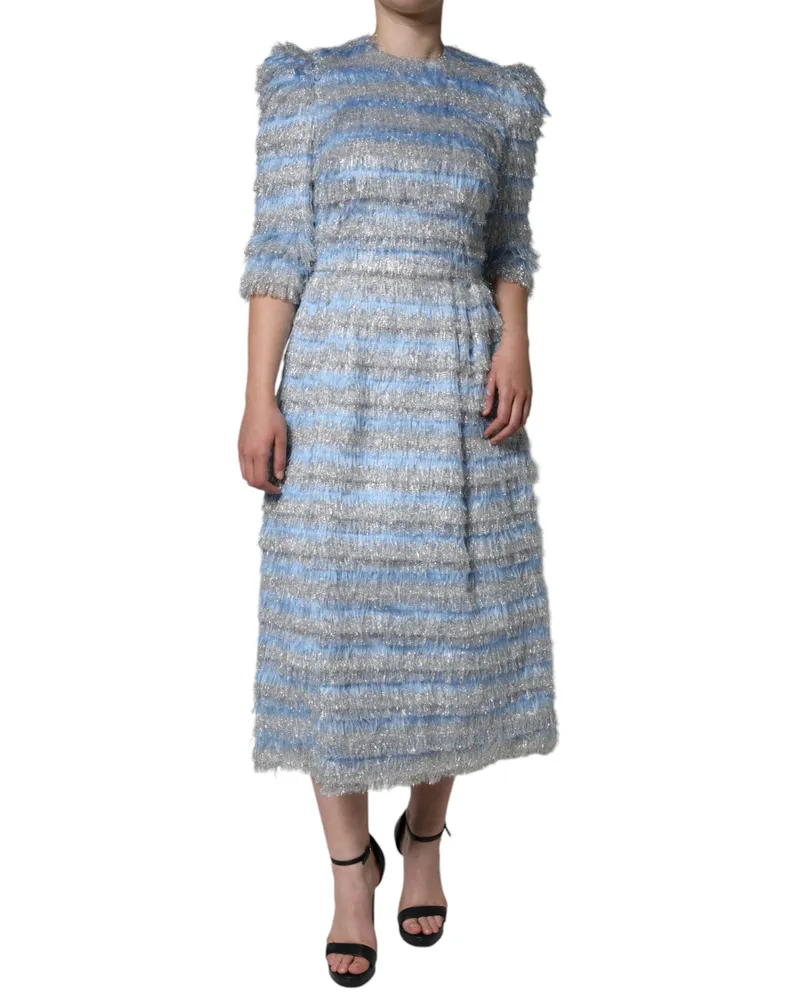 Dolce & Gabbana Women Light Blue Silver Jacquard A-Line Midi Dress Polyester Silk Nylon Blue