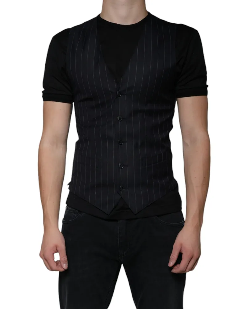 Dolce & Gabbana Men's Black Leather Waistcoat Dress Formal Vest Wb Black