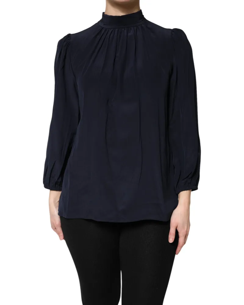 Dolce & Gabbana Women Blue Silk Mock Neck Long Sleeves Blouse Top Navy