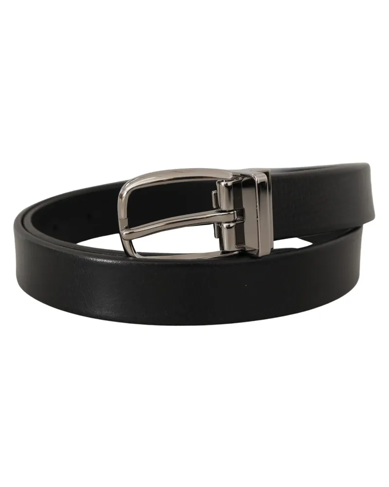 Dolce & Gabbana Men's Black Leather Silver Chrome Metal Logo Buckle Belt Black