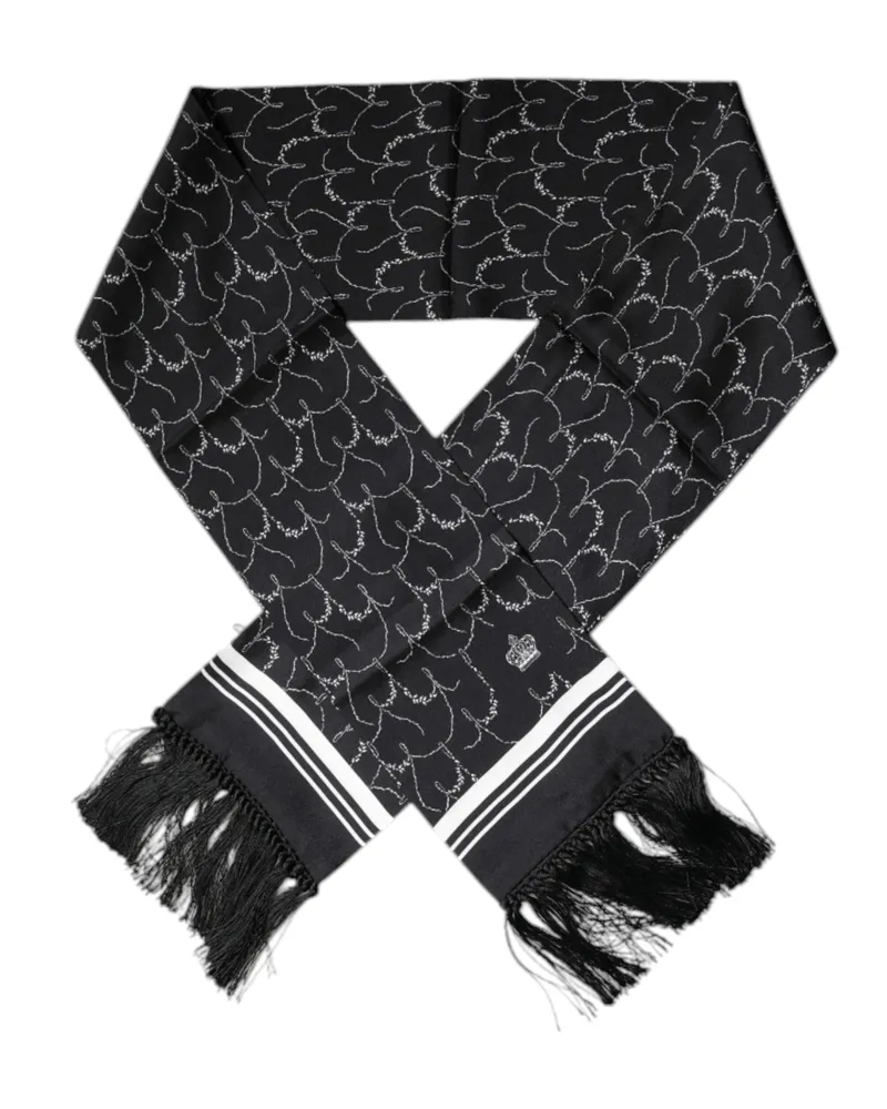 Dolce & Gabbana Men's Black Patterned Skinny Fringes Shawl Scarf Silk Black