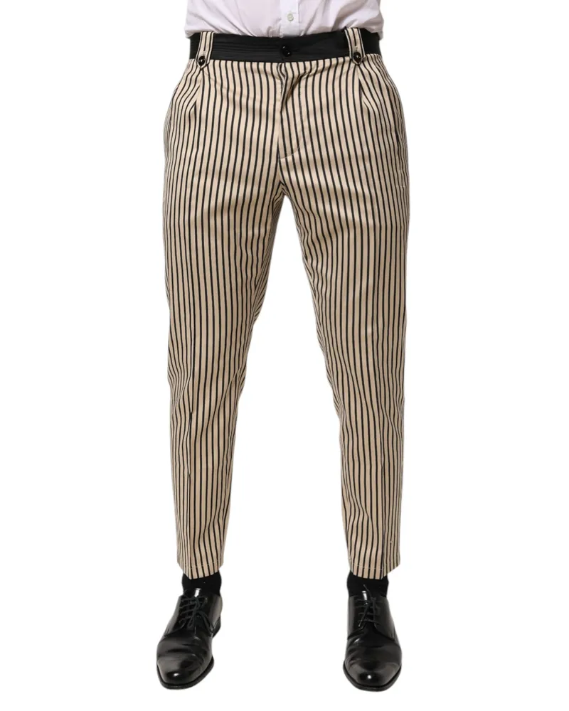 Dolce & Gabbana Men Beige And Black Striped Cotton Trousers Elastane Beige