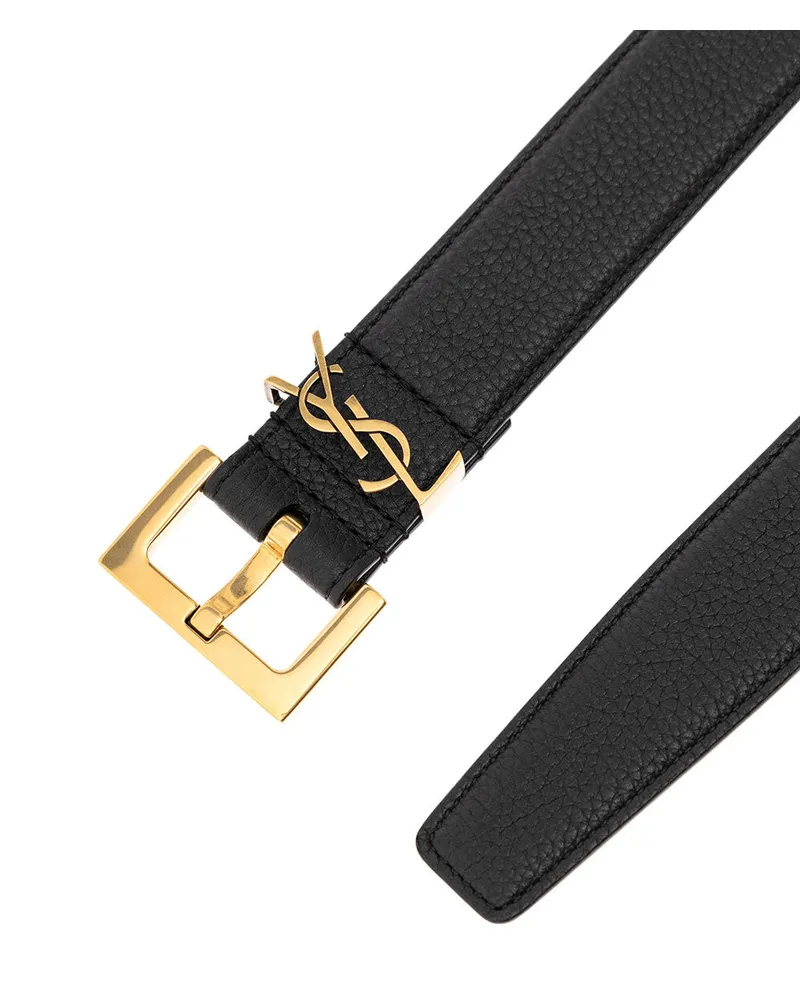 Saint Laurent Men's Leather Belt, Black With Gold Buckle Calf Black