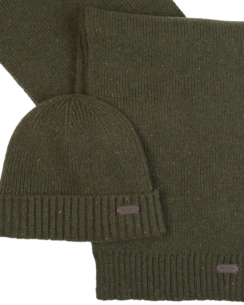 Barbour Men's Hat And Scarf Gift Set Carlton Fleck Olive Acrylic Olive