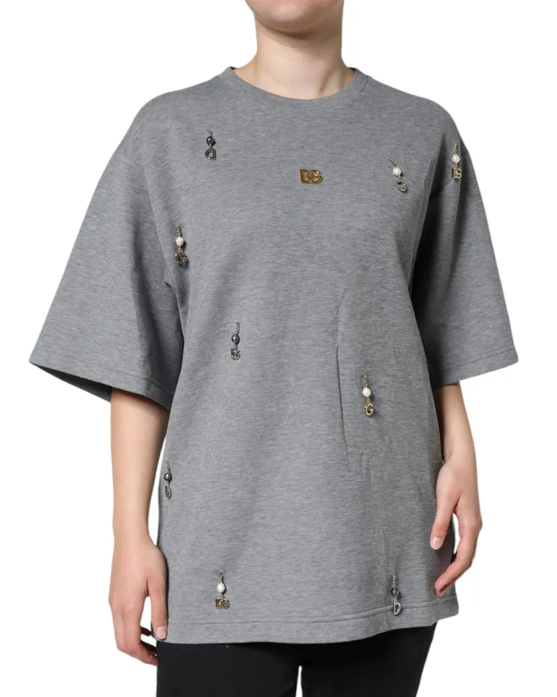 Dolce & Gabbana Women's Embellished Cotton Blend T-Shirt Gray Nylon Gray