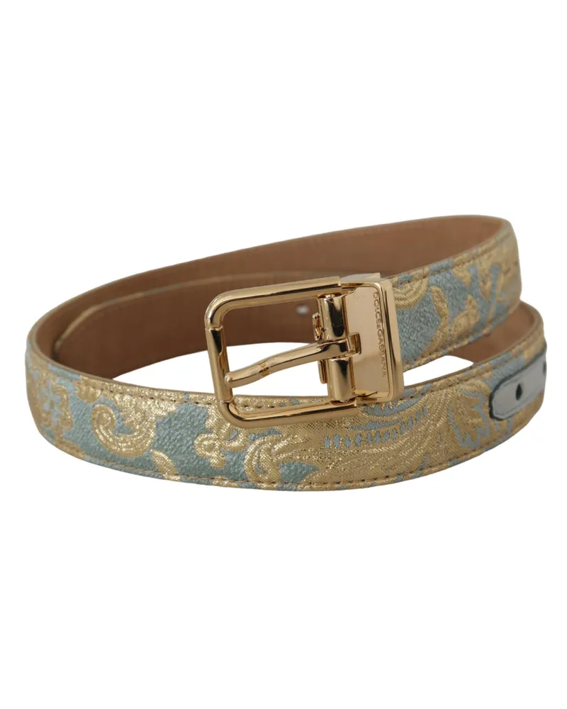 Dolce & Gabbana Women's Blue Leather Jacquard Embossed Gold Metal Buckle Belt Light Canvas Blue