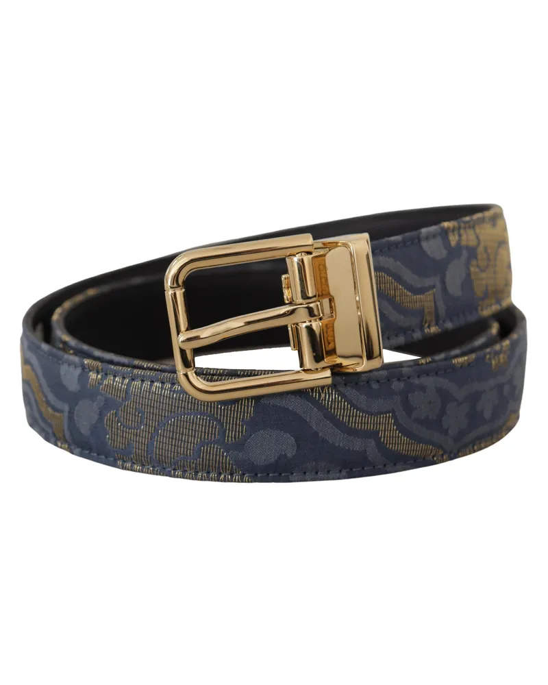 Dolce & Gabbana Women's Navy Blue Jacquard Gold Tone Logo Metal Buckle Belt Leather Navy