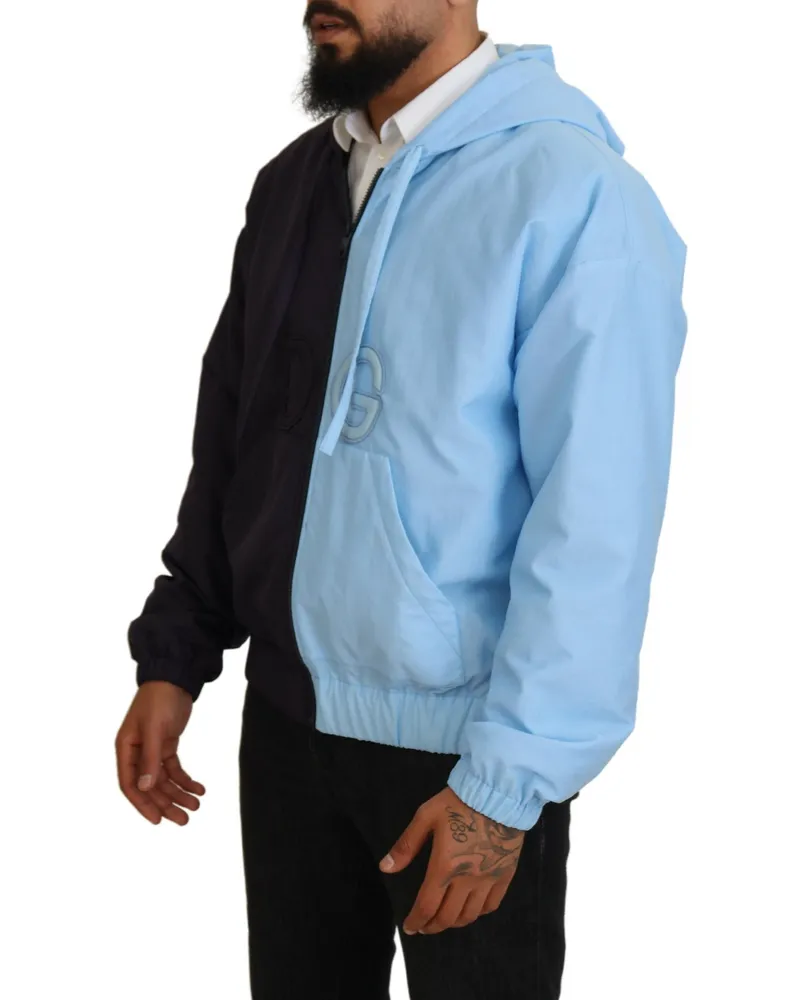 Dolce & Gabbana Black Blue Dg Hooded Full Zip Men Jacket And Polyester Nylon Clothing Multicolor