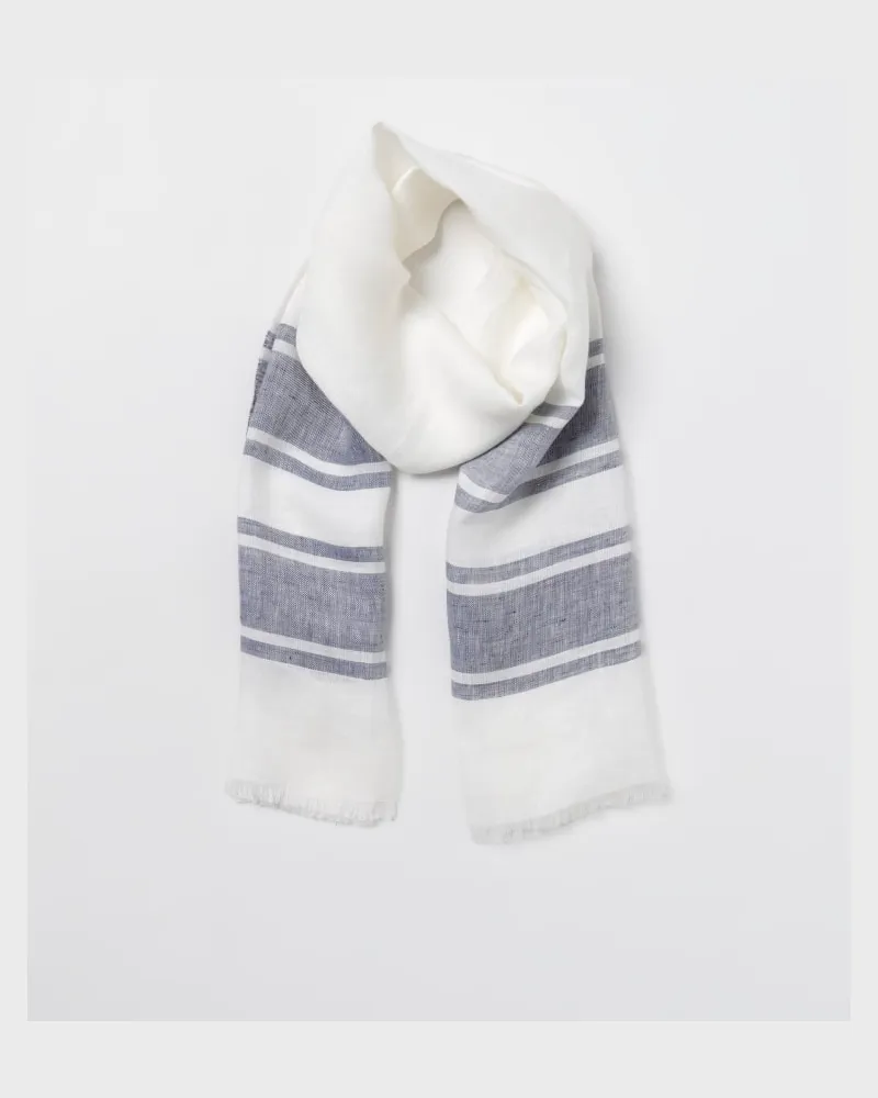 Brunello Cucinelli Mens White And Blue Linen Striped Scarf Accessories & Slg Blue