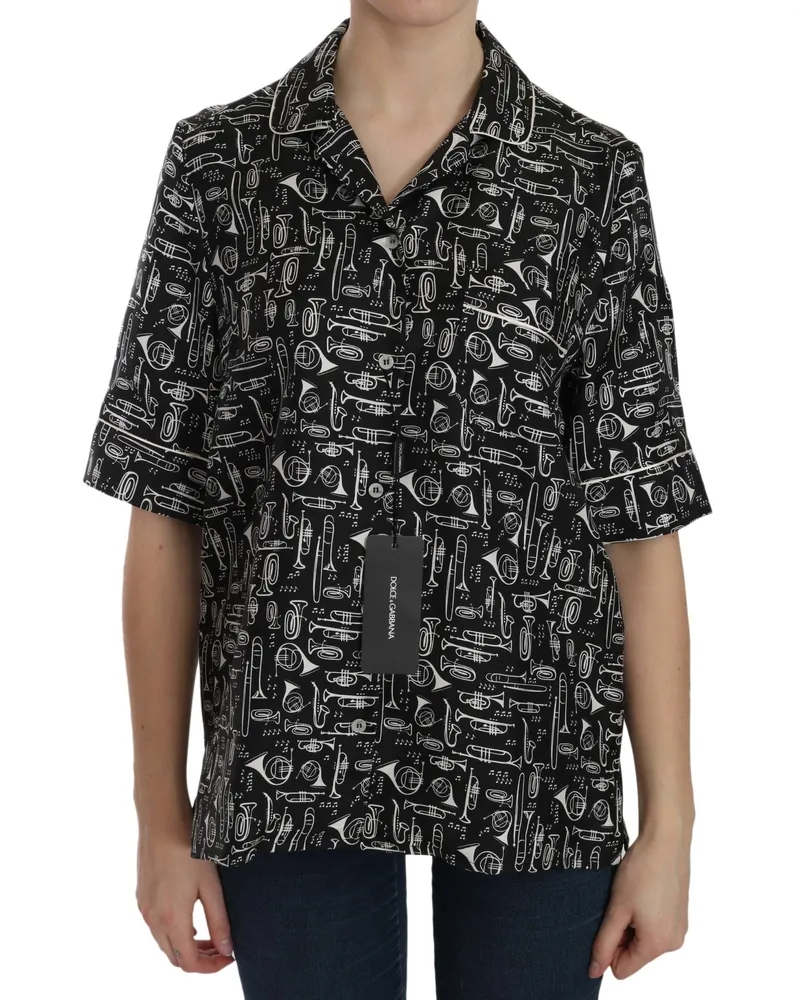 Dolce & Gabbana Women's Black Musical Instrument Print Silk Top Black