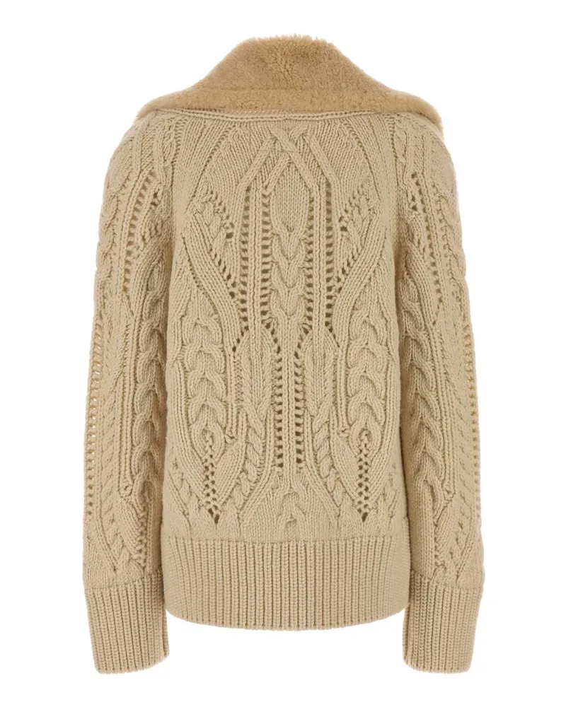 Ermanno Scervino Wool Cable-Knit Shearling-Collar Coat — Beige Beige